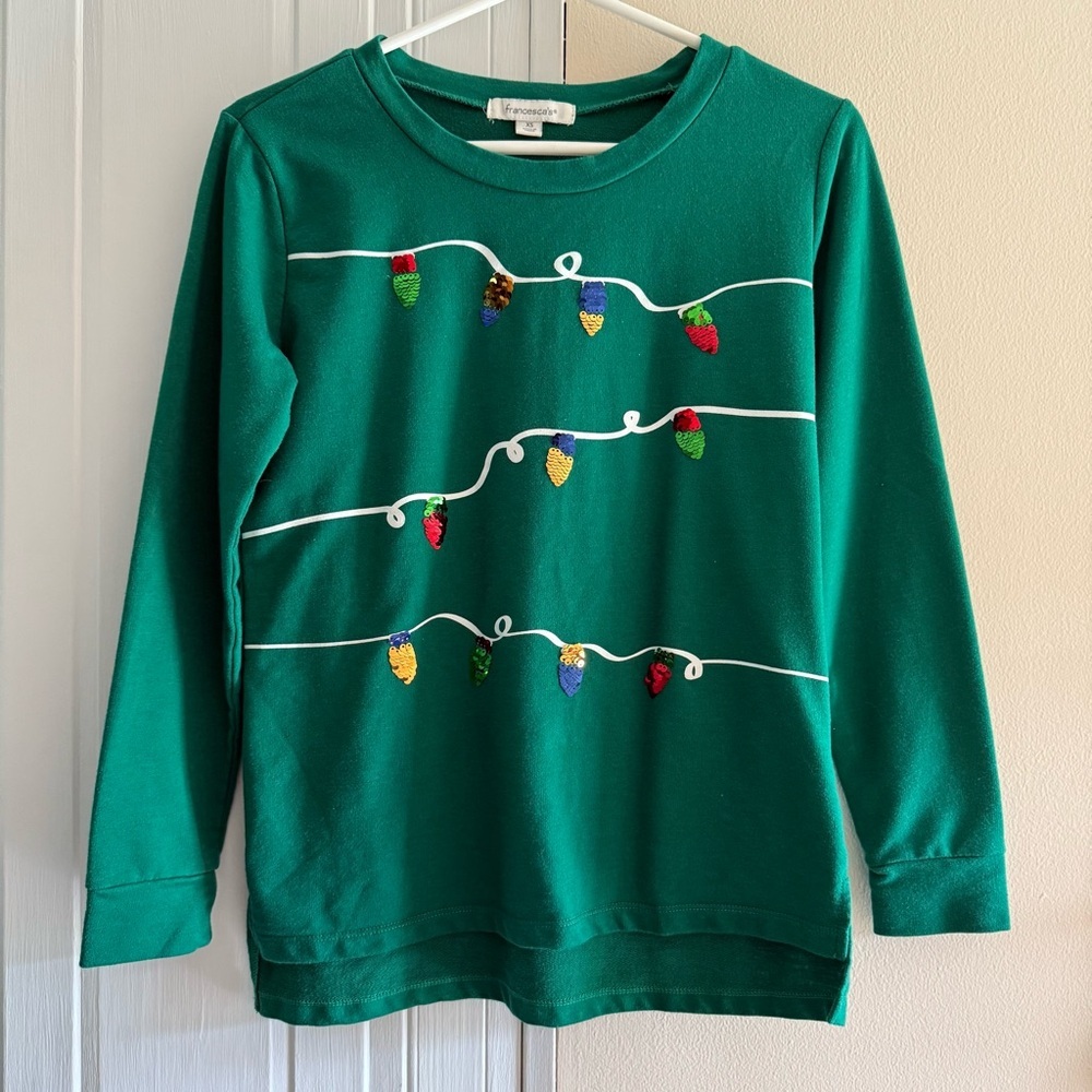 Francesca's Collections Holiday Christmas Lights Green Long Sleeve XS Sweater